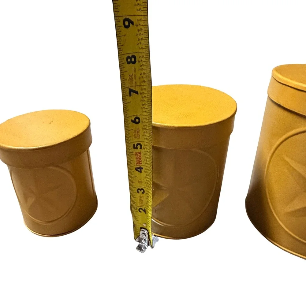 Vintage Mustard Yellow Metal Star Canister Set Rustic Farmhouse Nesting Tins 3pc